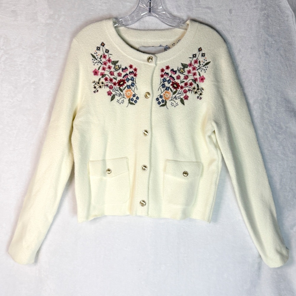 NWT‎ Anthropologie NVLT Button Front Embroidered Knit Lady Jacket Ivory M